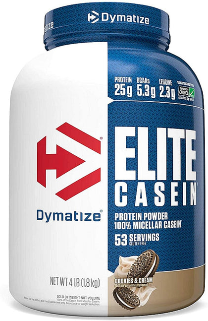 Dymatize Elite Casein Protein Powder, Slow Absorbing with Muscle Building Amino Acids, 100% Micellar Casein, 25g Protein, 5.4g BCAAs & 2.3g Leucine, Helps Overnight Recovery, Cookies & Cream, 4 Pound