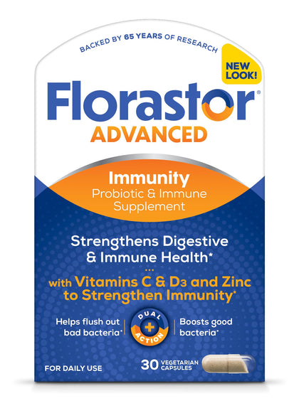 Florastor Select Immunity Boost Daily Probiotic & Immune Support Supplement for Women and Men, Saccharomyces Boulardii CNCM I-745 Plus Zinc, Vitamin C & D3 (30 Capsules)