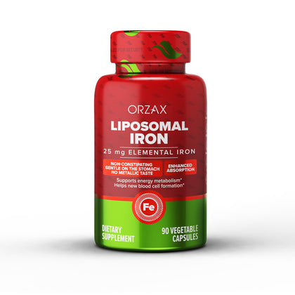 ORZAX Iron Supplement 25 mg -Liposomal Technology- High Bioavailability 90 Vegetable Capsules, Helps New Blood Cell Production, Non-Constipating, Non-GMO & Gluten Free, for Women, Men, Adults