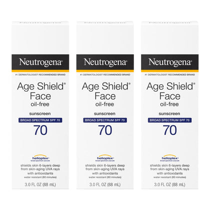 Neutrogena Age Shield Face Oil-Free Sunscreen Lotion with Broad Spectrum SPF 70, Non-Comedogenic Moisturizing Sunscreen to Help Prevent Signs of Aging, PABA-Free, 3 fl. oz (Pack of 3)