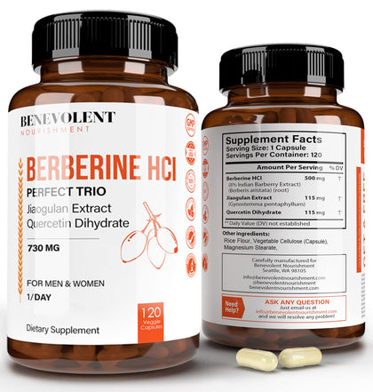 Premium Berberine HCL 730mg - 120 VCAPS Perfect Trio Complex with Non-GMO Jiaogulan & Quercetin