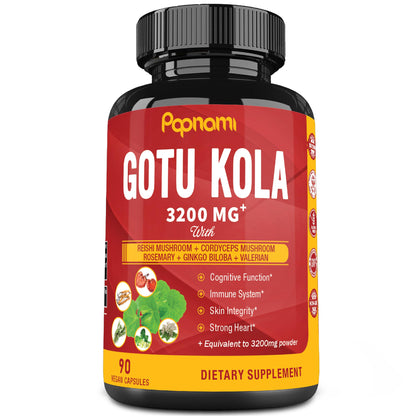 Organic Gotu Kola Extract Capsules - Equivalent to 3200Mg with Reishi, Cordyceps, Rosemary, Gingko Biloba & Valerian Root - 90 Counts for 3 Months - Supports Brain, Immunity, Skin & Heart Health