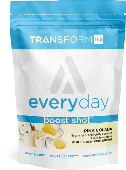 TransformHQ Boost Shot Powder Drink Stick Packets, Pina Colada, 7 Pack, Energy Supplements for Women & Men, with Caffeine, Vitamin B12, B9, B6 & B3