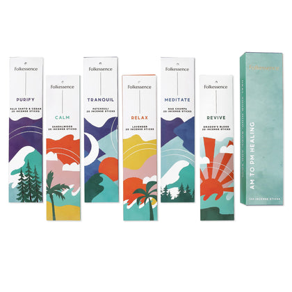 Folkulture Incense Sticks - Set of 6 Insenses (120 Sticks) for AM to PM Healing - Lavender, Palo Santo and Cedar, Dragon's Blood, Patchouli, Sandalwood, Nag Champa - Boho Gift Set