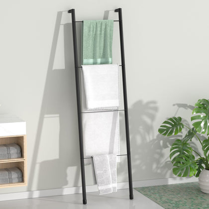 Pickpiff Black Metal Blanket Ladder - Free Standing Wall Leaning Ladder Towel Rack for Decorative Bathroom, Living Room, Kitchen, Holder for Towels, Blankets, Throw Blankets, Quits(4-Tiers, Black)