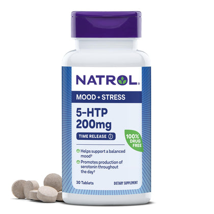 Natrol 5-HTP Time Release tablets, Promotes a Calm Relaxed Mood, Helps Maintain a Positive Outlook, Enables Production of Serotonin, Drug-Free, Controlled Release, Maximum Strength, 200mg, 30 Count