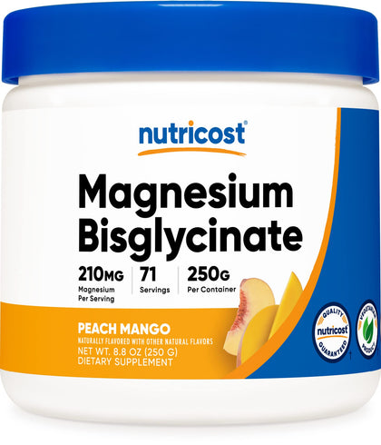 Nutricost Magnesium Bisglycinate Powder (Peach Mango, 250 Grams) - Chelated Magnesium Supplement