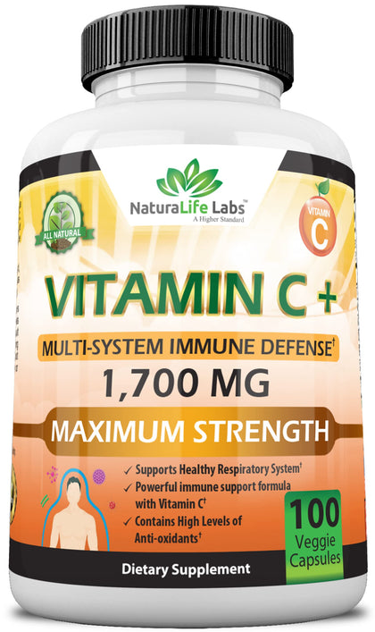 NaturaLife Labs A Higher Standard Vitamin C 1,700 MG with Vitamin D3, Zinc, Elderberry, Ginger Root - Maximum Strength Multi System Immune Support- 100 Veggie Capsules