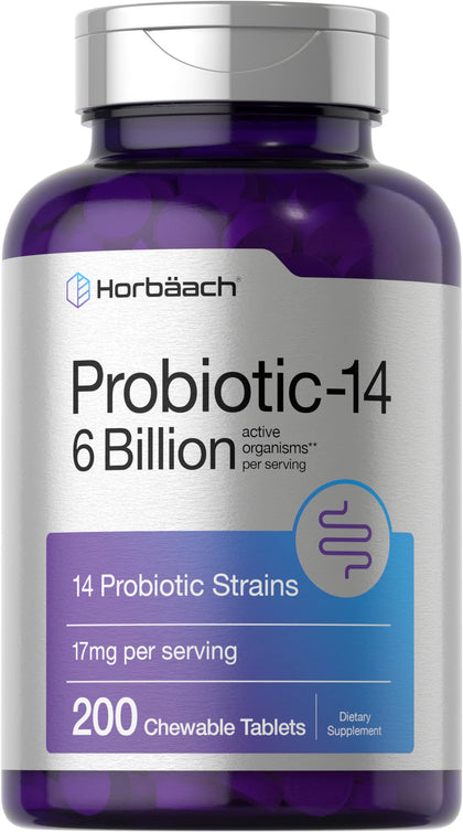 Horbäach Chewable Probiotics 6 Billion CFUs | 200 Tablets | 14 Probiotic Strains | Vegetarian, Non-GMO & Gluten Free Supplement