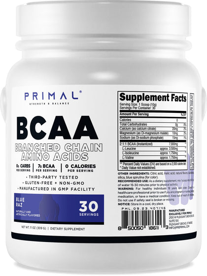 Primal BCAA Powder Blue Raz (30 SERV) (Blue Raspberry Flavored) - 0 g Carbs, 0 Calories, 7g BCAA Per Serving