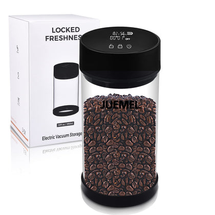 JUEMEL Automatic Vacuum Coffee Canister, Food Storage Container with Temperature & Humidity LCD Display,Time Record,Automatic Vacuum Suction,Electric Coffee jar Clear Glass-16oz/1350ml