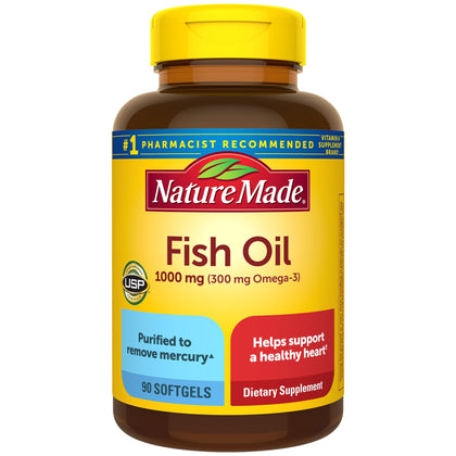 Nature Made Fish Oil 1000 mg Softgels, Omega 3 Fish Oil Supplements for Healthy Heart Support with 90 Softgels, 45 Day Supply