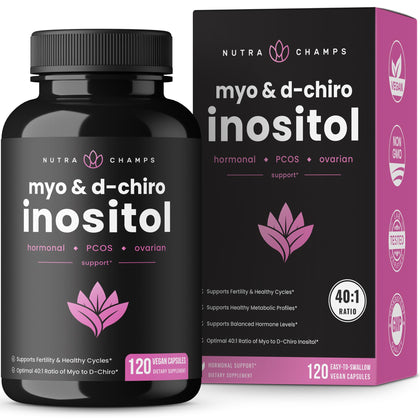 NutraChamps Myo-Inositol & D-Chiro Inositol Supplement | Ovarian & PCOS Support + Fertility & Hormone Balance for Women | 120 Vegan Capsules