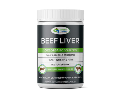 GRASSLAND NUTRITION Grass Fed Beef Liver 100% Organic Sourced - Natural B12 for Energy, Iron & Vitamin A (180 Capsules)