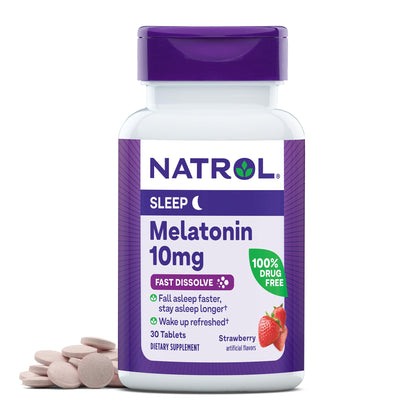 Natrol Sleep Melatonin 10mg Fast Dissolve Tablets, Nighttime Sleep Aid for Adults, 30 Strawberry-Flavored Melatonin Tablets, 30 Day Supply