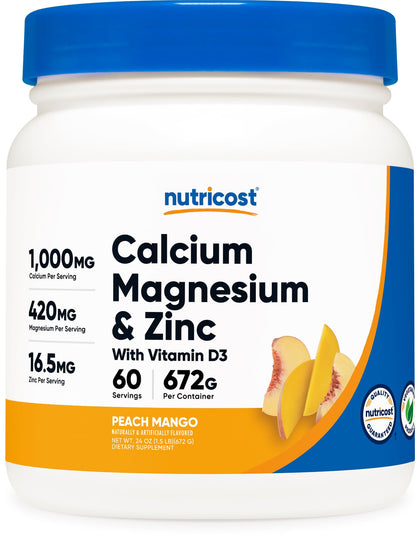 Nutricost Calcium Magnesium Zinc with Vitamin D3 Powder, 60 Servings (Peach Mango) - Calcium (1000 MG) Magnesium (420 MG) Zinc (16.5 MG) Vitamin D3 (30 MCG) - Gluten Free, Non-GMO