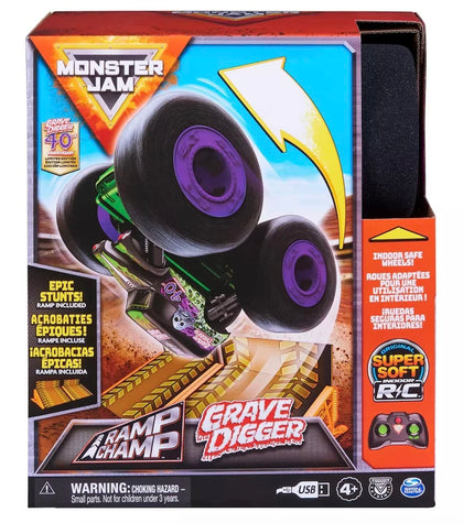 Monster Jam Official Ramp Champ Grave Digger Remote Control Monster Truck with Super Soft Wheels Indoor Play + Mystery Vehicle ( Mini)