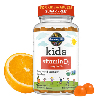 Garden of Life Kids Organic Vitamin D3 Gummies with 800 IU (100% Daily Value) for Strong Bones, Teeth, Brain & Immunity - Non-GMO, No Gluten, Vegetarian, Sugar Free, Orange Flavor, 60 Servings