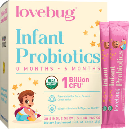 Lovebug Award Winning USDA Organic Probiotic for Infants | Ages 0-6 Months | Helps with Colic, Reflux, Diarrhea, Constipation & Gas | Tasteless Powder | Sugar Free | Allergen-Free, Non-GMO & Vegan