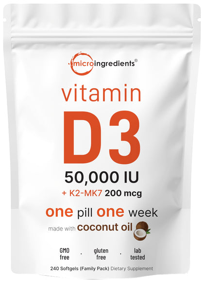 Micro Ingredients Vitamin D3 50,000 IU Plus K2 (MK-7) 200 mcg, 240 Virgin Coconut Oil Softgels | 2 in 1 Vitamins D & K Complex | Supports Calcium Absorption, Bone, Immune, & Heart Health