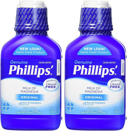 Phillips' Milk of Magnesia Liquid Laxative, 26 oz (Pack of 2) Cramp Free & Gentle Overnight Relief Of Occasional Constipation, #1 Milk of Magnesia Brand