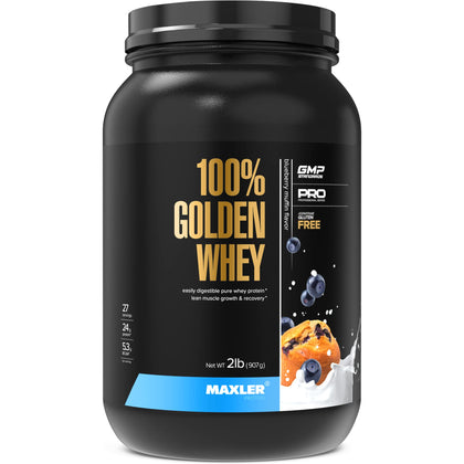 Maxler 100% Golden Whey Protein - 24g of Premium Whey Protein Powder per Serving - Pre, Post & Intra Workout - Fast-Absorbing Whey Hydrolysate, Isolate & Concentrate Blend - Blueberry Muffin 2 lbs