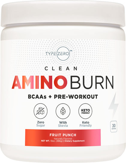 Type Zero AminoBurn - Natural Pre Workout + BCAA (Fruit Punch | 30serv) Sugar Free BCAAs Amino Acids Supplement Keto Preworkout, Amino Preworkout and Post Workout Drink