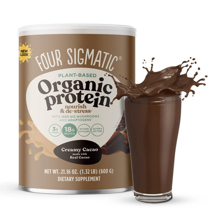 Four Sigmatic Organic Plant-Based Protein Powder Creamy Cacao Protein with Lions Mane, Chaga, Cordyceps and More | Clean Vegan Protein Elevated for Brain Function and Immune Support | 21.16 oz