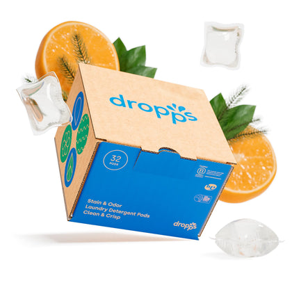 Dropps Stain & Odor Laundry Detergent Pods: Clean & Crisp | 32 Count | HE Compatible + All Washers | Cold Wash + All Temperatures | Tackles Tough Odors | Low Waste Packaging