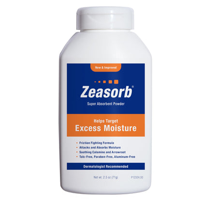 Zeasorb Excess Moisture Control Super Absorbent Foot & Body Powder, Dermatologist Recommended, Friction-Fighting Formula with Patented Odor Control Technology, 2.5 oz bottle