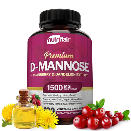 NutriFlair D-Mannose 1500mg, 120 Capsules - with Cranberry and Dandelion Extract - Natural Urinary Tract Health UTI Support - Best D Mannose Powder - Flush Impurities, Detox Body, for Women and Men