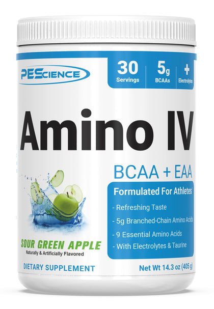 PEScience Amino IV, Sour Green Apple, 60 Scoop, BCAA and EAA Powder with Electrolytes