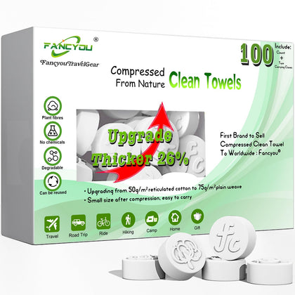 fancyou Compressed Towel Tablets,Disposable Face Compressed Towels,Thicken Cotton Facial Tissues,Daily Clean Cloth,Biodegradable Towel,with Travel Wipes Case for Home/Camping/Outdoor(100 Count)