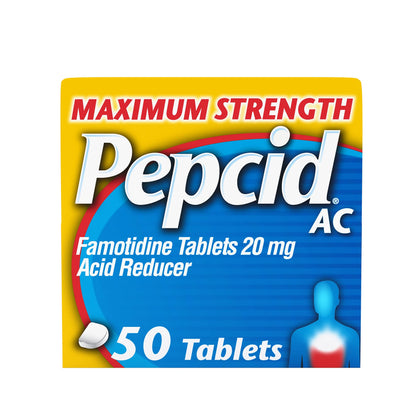 Pepcid AC Maximum Strength Heartburn Relief Tablets, Prevents & Relieves Heartburn Due to Acid Indigestion & Sour Stomach, 20mg of Famotidine to Reduce & Control Acid, Fast-Acting, 50 Ct