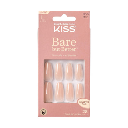 KISS Bare but Better Press On Nails, Nail glue included, Nude Drama', Nude, Long Size, Coffin Shape, Includes 28 fake nails, pink gel nail glue (net wt. 2g / .7 oz.), mini file, and manicure stick.