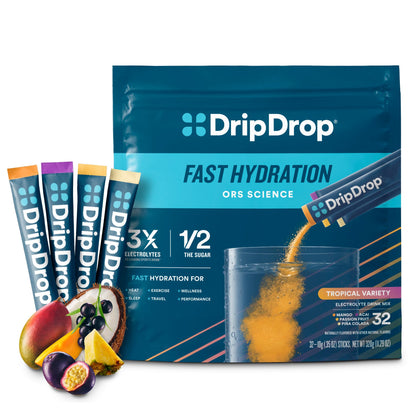 DripDrop Hydration - Tropical Variety Pack - Electrolyte Drink Mix Single Serve Hydration Powder Packets - Mango, Açaí, Passion Fruit, Piña Colada | Non-GMO, Gluten Free, Vegan | 32 Sticks