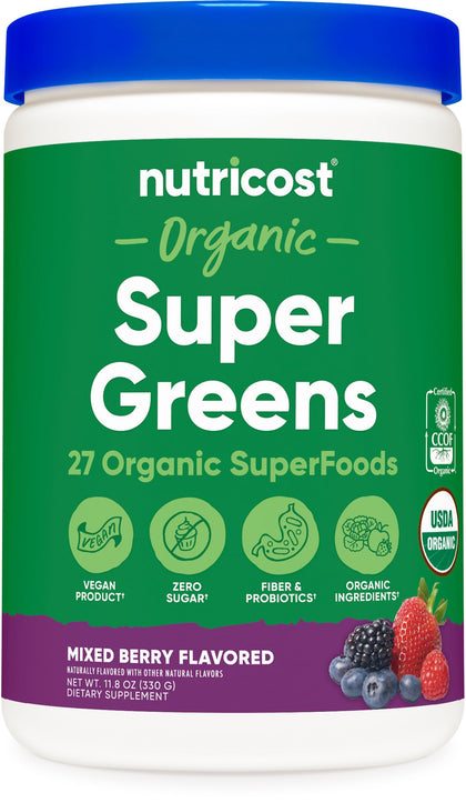 Nutricost Organic Super Greens Powder (30 Servings) Mixed Berry Flavor - Superfood Supplement Drink Mix