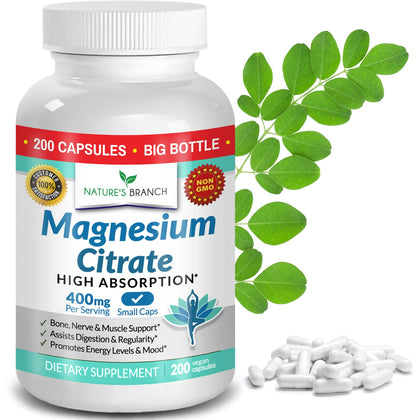 Magnesium Citrate 400mg - 200 Capsules - High Potency for Sleep, Leg Cramps, Extra Strength Absorption, Easy to Swallow Pills for Women & Men, Vegan Supplement Not Tablets - Made in USA