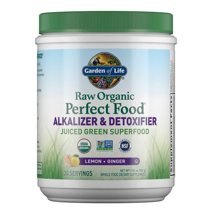 Garden of Life Raw Organic Perfect Food Alkalizer & Detoxifier Juiced Greens Superfood Powder - Lemon Ginger, 30 Servings - Non-GMO, Gluten Free Whole Food Dietary Supplement, Plus Probiotics