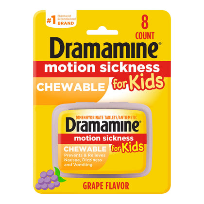 Dramamine Kids Chewable, Motion Sickness Relief, Grape Flavor, 8 Count