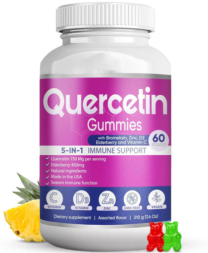 BIO VITALICA Quercetin Gummies by BioVitalica - Quercetin with Bromelain Vitamin C and Zinc & Elderberry + Vitamin D3-5 in 1 Immune Support - Zinc Quercetin 750 mg for Kids and Adults (1)