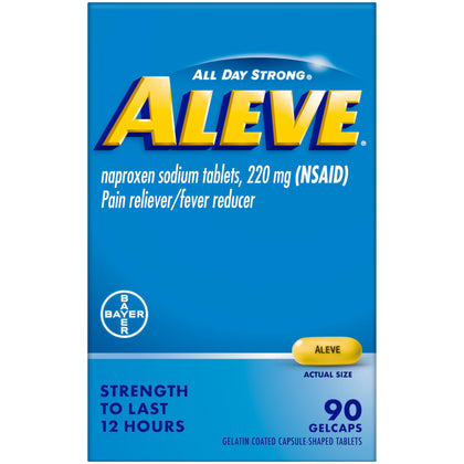 Aleve Pain Reliever & Fever Reducer Gelcaps, Naproxen Sodium, Headache Pain Relief, Back and Body Pain Relief Medicine, Pain Medicine for Adults and Children Ages 12 and Up, 90 Count