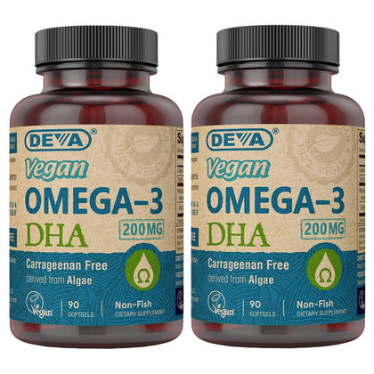 DEVA Vegan Omega-3 DHA Supplement - Once-Per-Day Softgel 200 MG - Carrageenan Free - Gelatin Free - Non-Fish - Algae Oil - 90 Softgels (Pack of 2