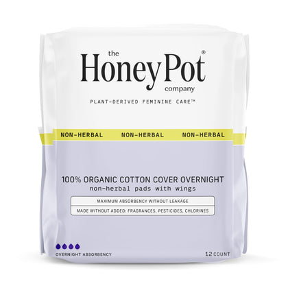 The Honey Pot Company - Pads for Women - Non-Herbal Overnight Pads w/Wings - Organic Cotton Cover, & Ultra-Absorbent Pulp Core - Sanitary Pads for Women - Feminine Care - FSA & HSA Eligible - 16 ct