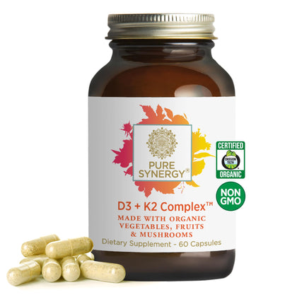 PURE SYNERGY D3 + K2 Complex | Vegan Vitamin D3 K2 Complex | Organic Vitamin D3 Supplement with Vitamin K2 and K1 Plus Organic Whole Foods | Supports Bone, Brain, and Immune Health (60 Capsules)