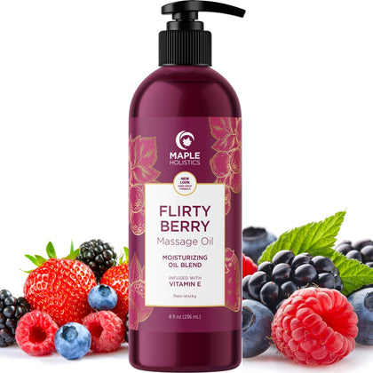 Berry Sensual Massage Oil for Couples - Fun and Fruity Full Body Massage Oil for Date Night with Smooth Gliding Coconut and Sweet Almond Oil with Tempting Berry Scent - Non GMO Gluten Free and Vegan