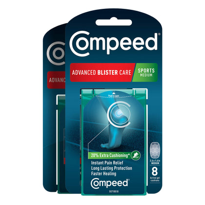 Compeed Advanced Blister Care 8 Count Sports Medium (2 Packs), Hydrocolloid Bandages, Heel Blister Patches, Blister on Foot, Blister Prevention & Treatment Help, Waterproof Cushions