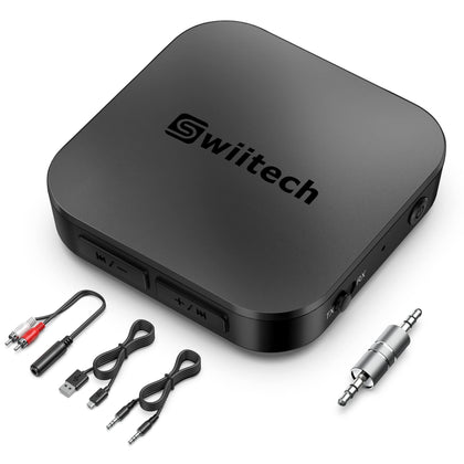 Swiitech Bluetooth Transmitter Receiver, 2-in-1 Bluetooth AUX Adapter, V5.0 Bluetooth Adapter for TV/Car/Home Stereo/PC, Pairs 2 Devices Simultaneously, aptX Low Latency (black)