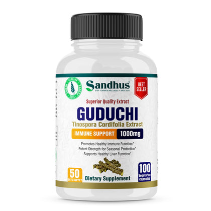 Sandhu's Guduchi (Tinospora Cordifolia) Giloy 100 Vegetarian Capsules Immune Support 1000mg per Serving