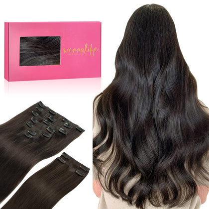 WENNALIFE Clip in Hair Extensions, 150g 18 Inch 9pcs Dark Brown Human Hair Extensions Thicker Clip in Hair Extensions Real Human Hair Clip Set Double Weft